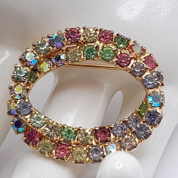 Vintage AB Pastel Prong Set Glass Rhinestone Oval Brooch, URANIUM Glass, 1 1/4" - Picture 1 of 10